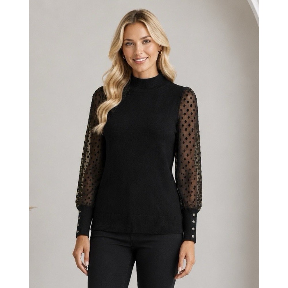 Talbots Sweater Womens L Black Polka Dot Sheer Mesh Sleeve Mock Neck Pullover